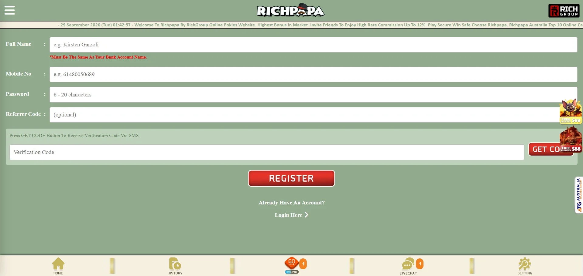 Richpapa Casino sign up